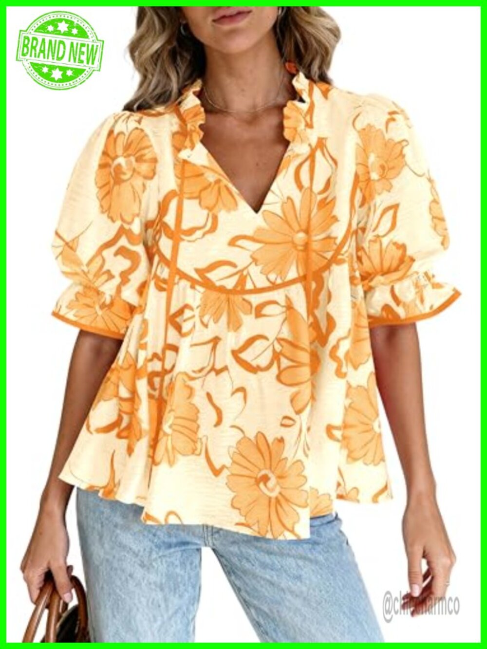 Womens Boho Floral Babydoll Peplum Tunic Top Puff Sleeve V Neck